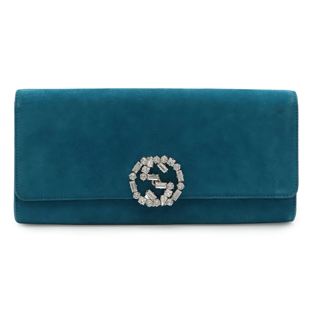 Gucci GG Sparkling Clutch Bag Party Suede Crystal Peacock Blue